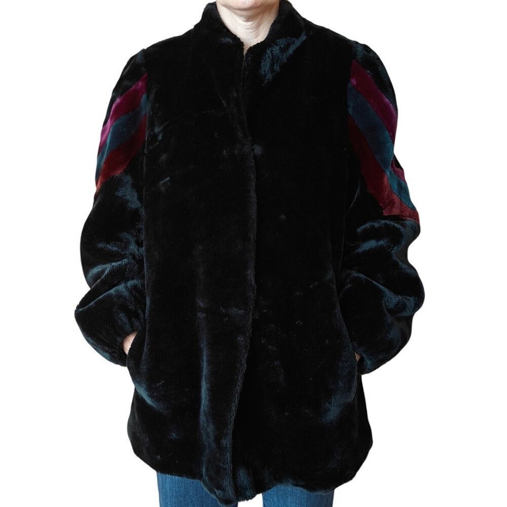 Vintage Black Faux Fur Coat Colorblock Sleeves Union Made Casper